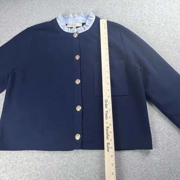Loft Ruffle Neck Sweater Womens XL Navy Button Up Cardigan Workwear Fall Casual - Picture 8 of 12